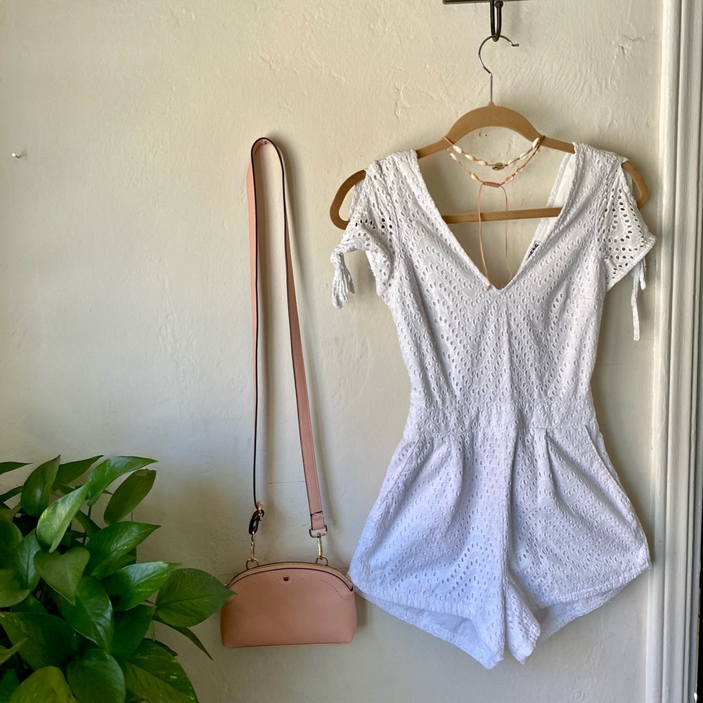 EXPRESS: Tie Sleeve Eyelet Open Back White Romper